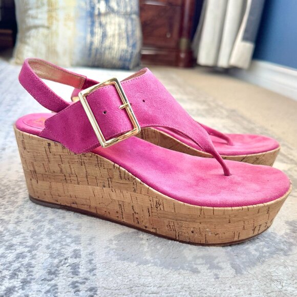 KORS Michael Kors Pink Suede and Cork Platform Sandals - Picture 2 of 12